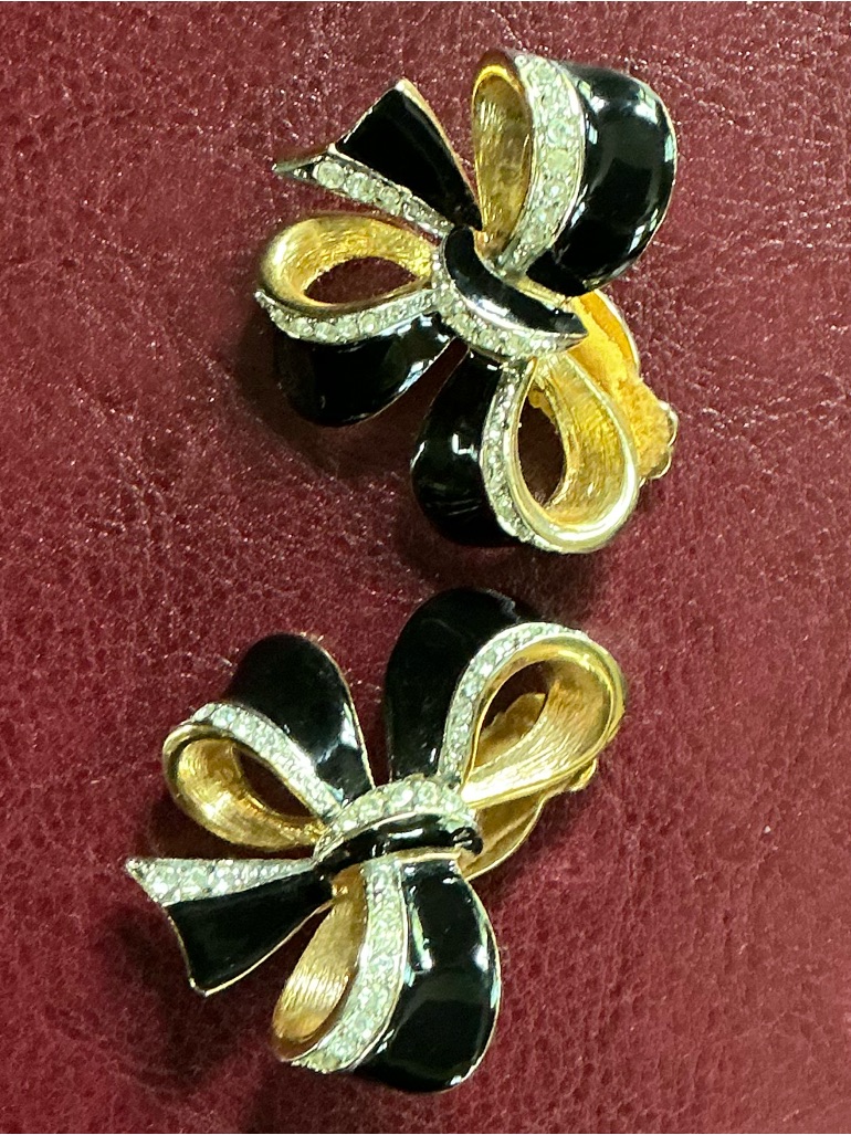 Gold & Black Bow Clip-On Earrings With Crystal Accents